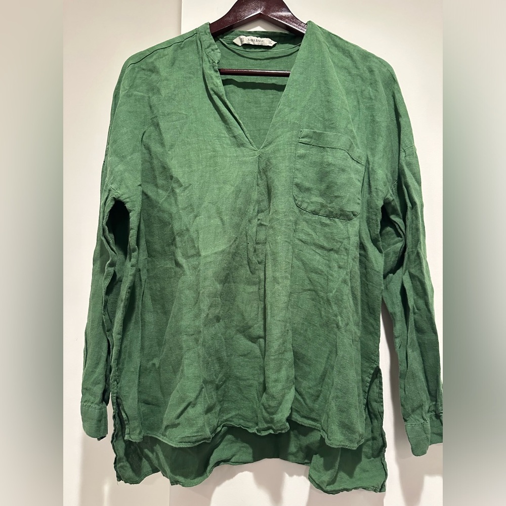 Zara Basic Green Linen Long Sleeve Shirt